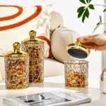 Set Of 3 Transparent Sealed Jar With Golden Lid