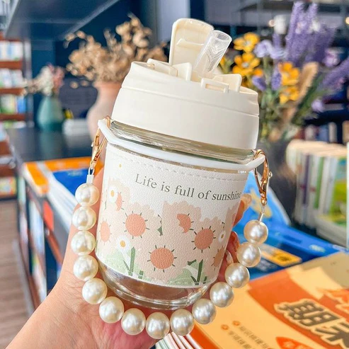 Glass Coffee Mug 350 ML with Pearl Chain
