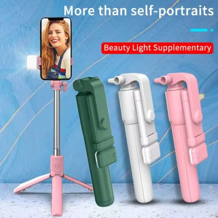 R1S Bluetooth Selfie Stick Tripod with Remote Control | 360° Foldable Selfie Rod for Phone & Action Camera with LED Light ✨  - 💫🌟 (With Box)
