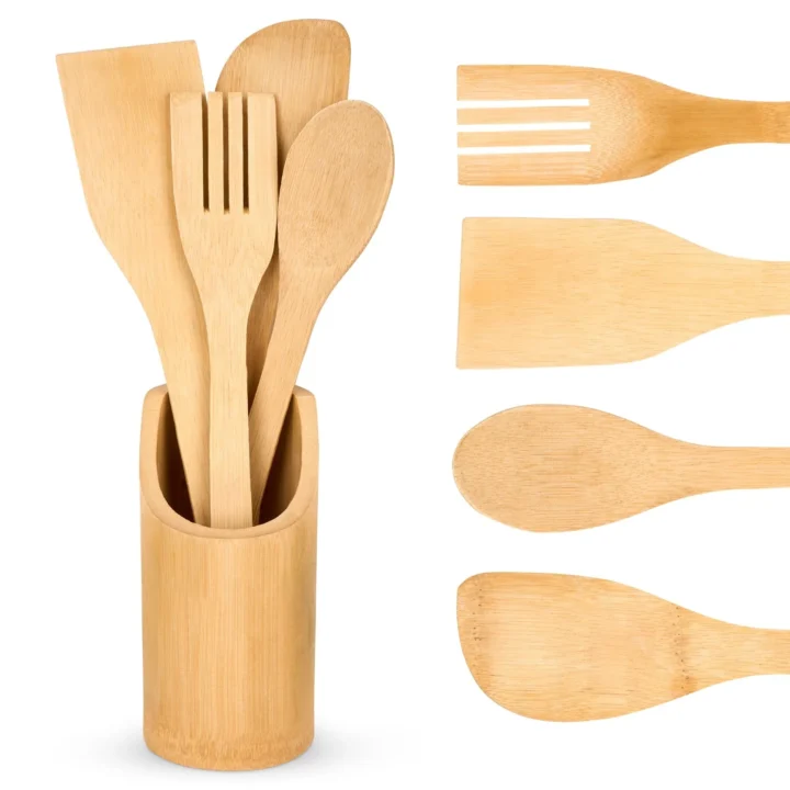 Bamboo Wooden Kitchen Cooking Spoon 4Pcs Utensils With Utensils Holder