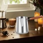 Turkish Warmer Coffee Pot 1000mlb with Wooden Handle Teapot Coffee Heating Melting Milk Pot for Household Bar Kitchen Restaurant Cafe
