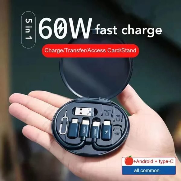 5-in-1- 60W Charging Data Cable Set – USB to Type C, USB to iPhone, Type C to C, Type C to iPhone, Type C to Micro – Compatible with All Devices  Rs - 💫☑ (With Box)