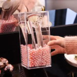 Acrylic Pearl Brush Holder  (Foam Packing) With Pearls. Both Shapes Available