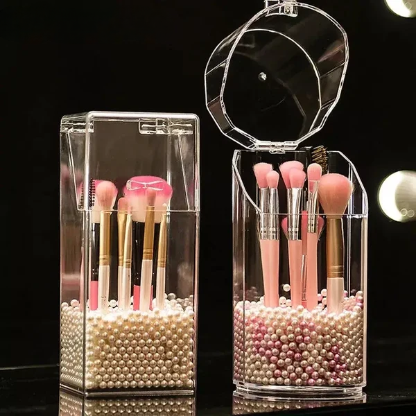 Acrylic Pearl Brush Holder  (Foam Packing) With Pearls. Both Shapes Available