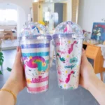 Creative Unicorn Plastic Cup With Lid And Straws
