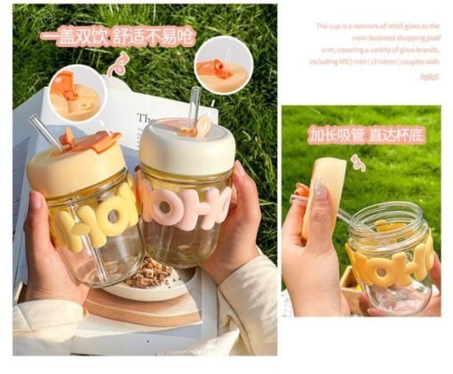 Simple cute glass cup with straw