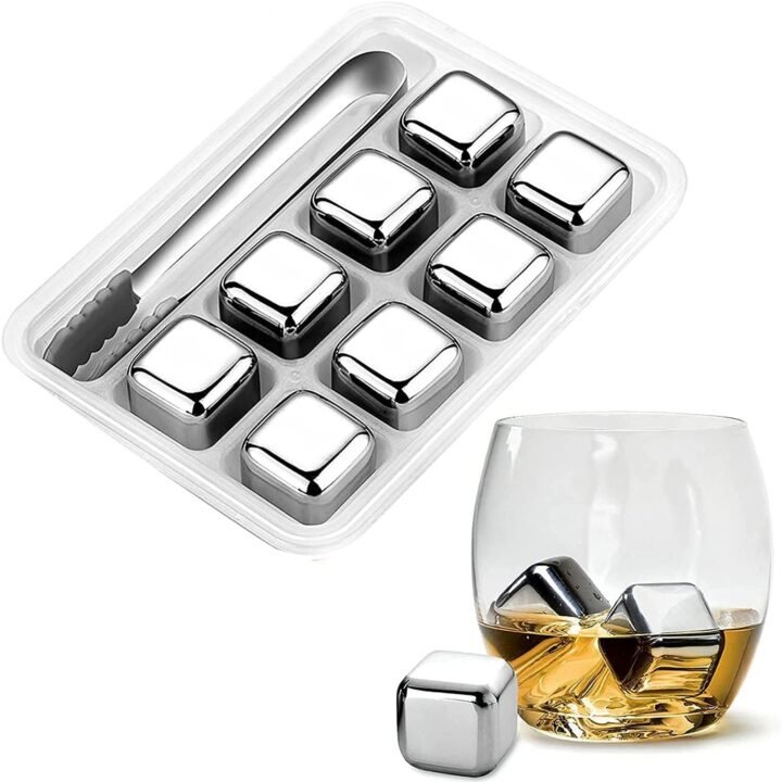 Stainless Steel Ice Cubes, Reusable Ice Cubes Set with Silicone Head Tongs and Ice Cube Trays - Pack of (8)